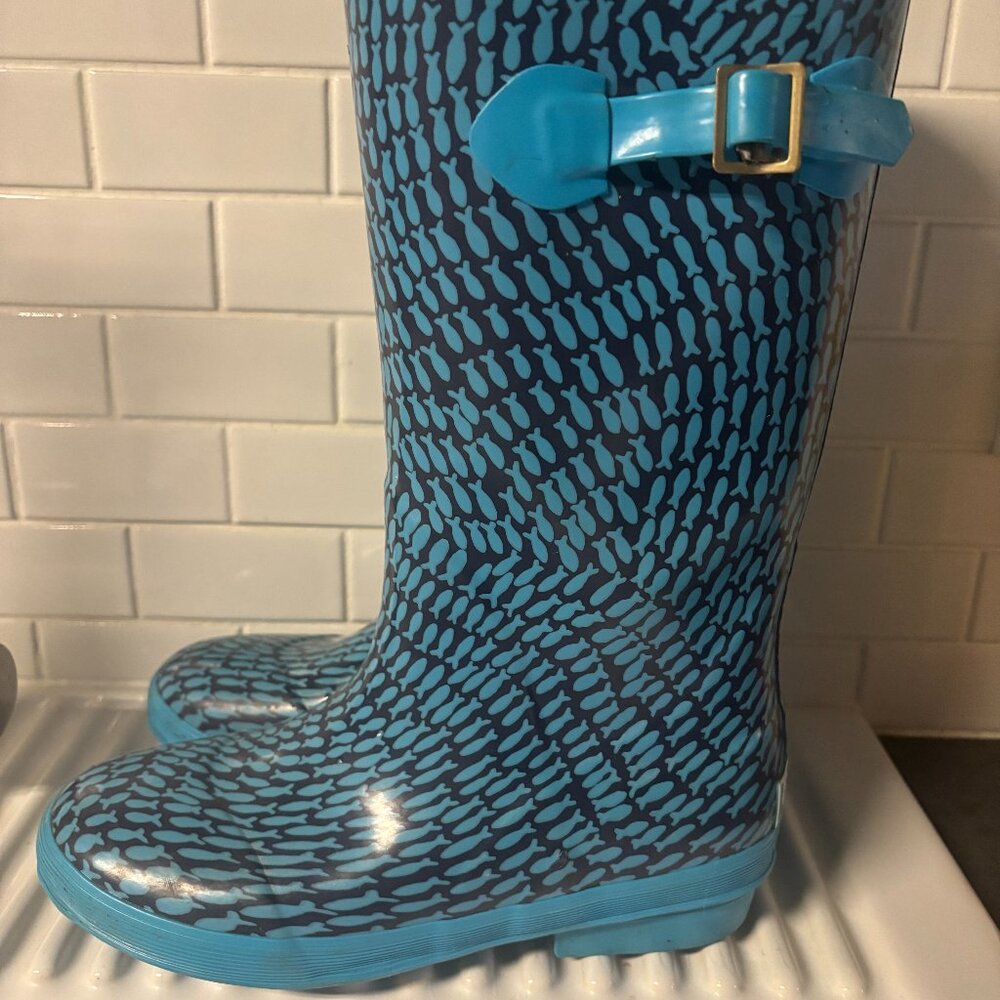 L.L. Bean Puddle Stompers Tall Wellie Kids Rain Boots Blue Fish Waterproof
